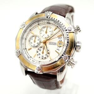 Guess Two Tone Split Second Chronograph 46mm Watch Brown Leather w New Battery